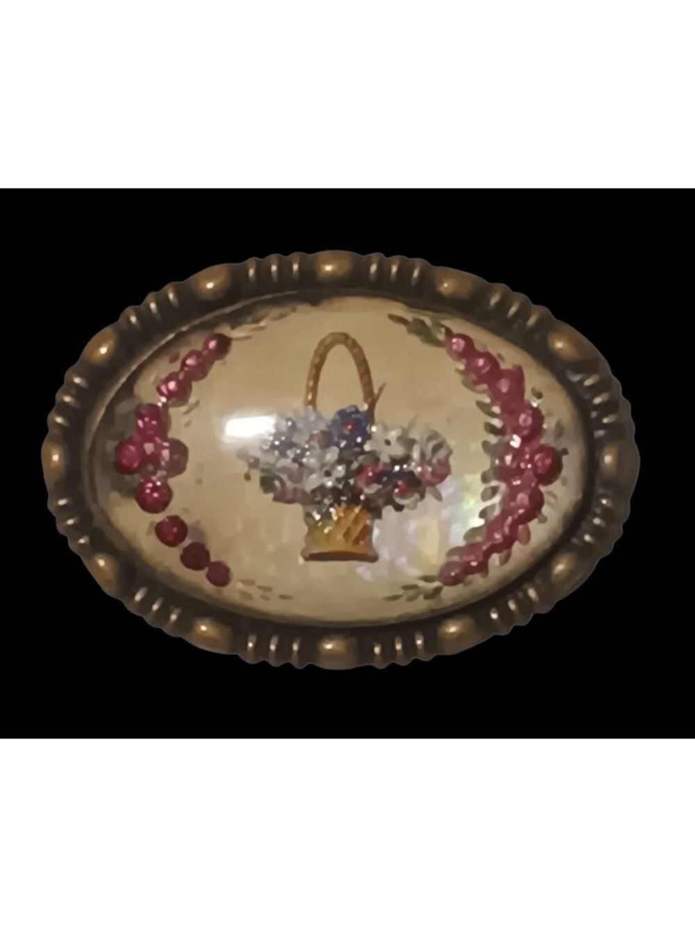Brooch Eduardian Early 20th Century Oval Dome Glass Brass Frame Flower Basket
